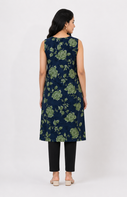Navy Blue Floral Print Sleeveless Kurti