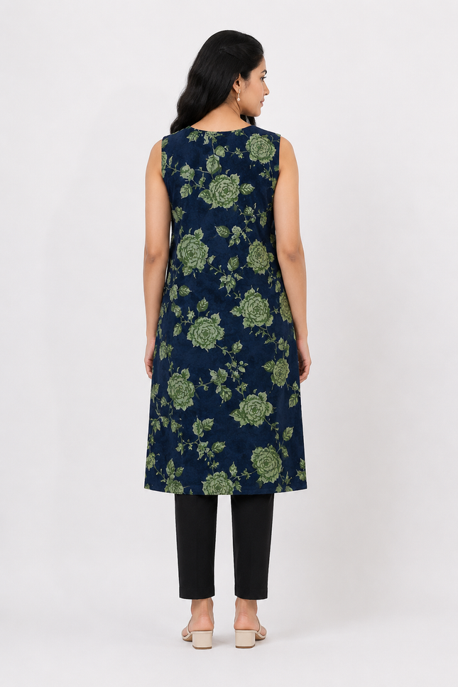 Navy Blue Floral Print Sleeveless Kurti
