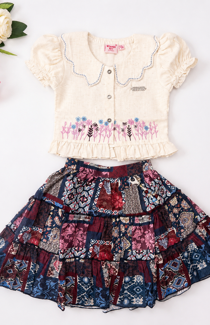 Elegant Girls Cotton Top & Printed Layered Skirt Set