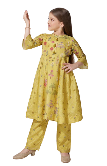 Kids' 2-Piece Festive Ethnic Set – Lime Green Tree Print Kurta and Straight-Leg Pants