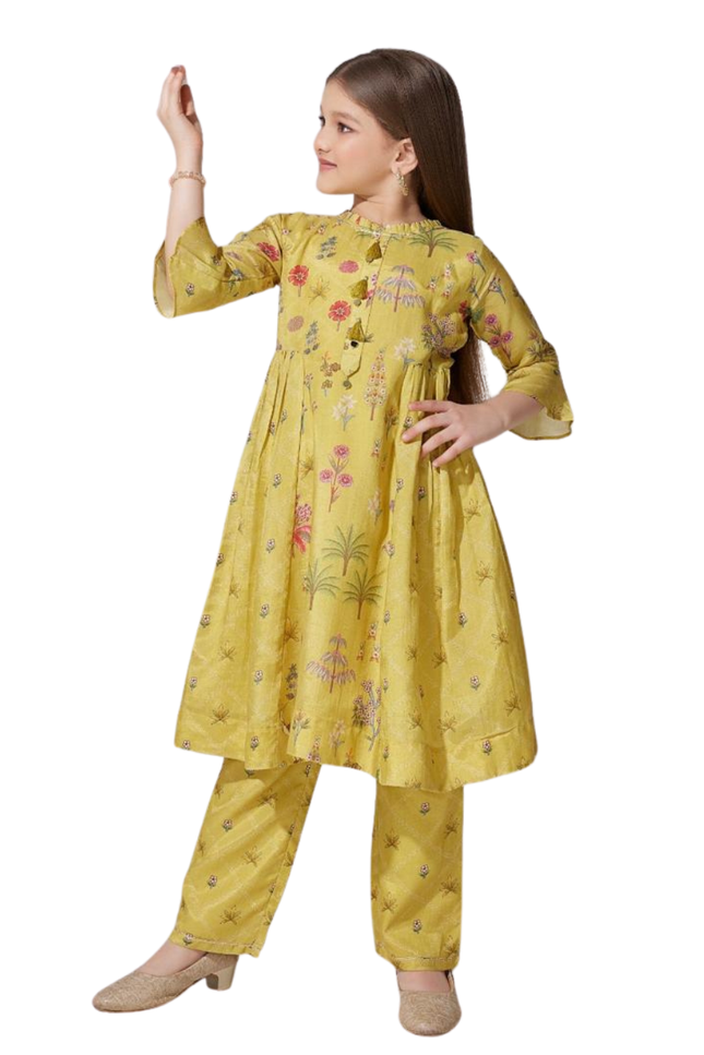 Kids' 2-Piece Festive Ethnic Set – Lime Green Tree Print Kurta and Straight-Leg Pants
