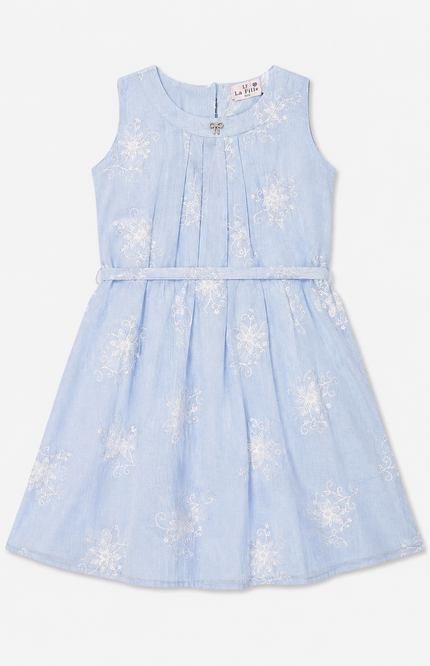 Girls Floral Embroidered Sleeveless A-Line Dress with Waist Belt