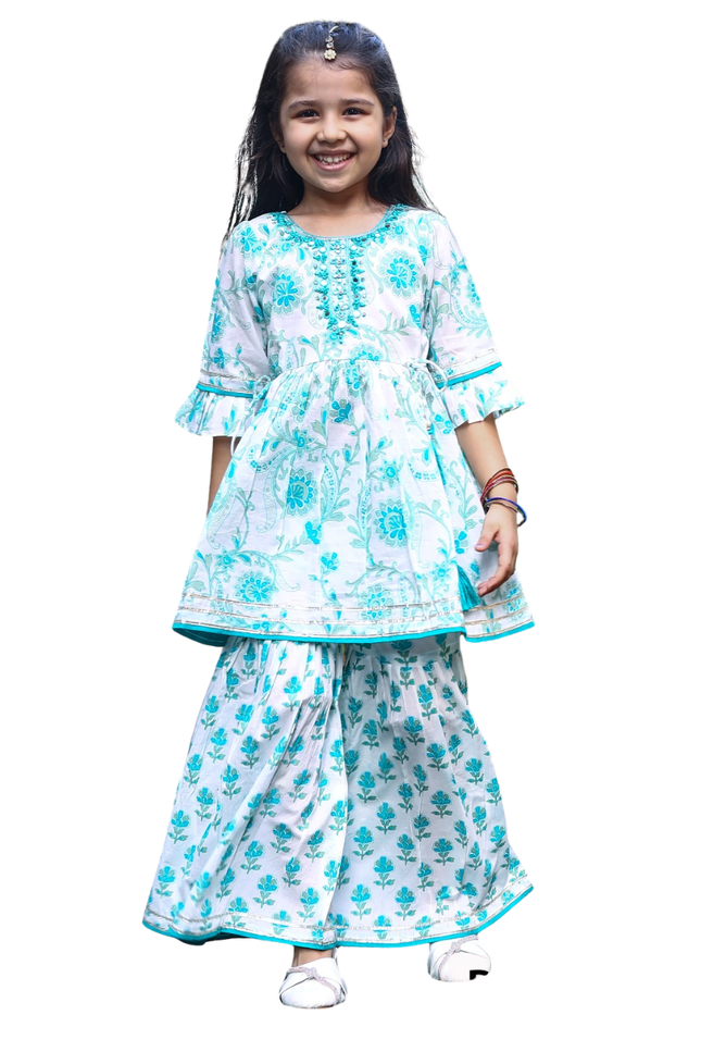 Girls' 100% Cotton Teal Floral Sharara Set with Bell Sleeves