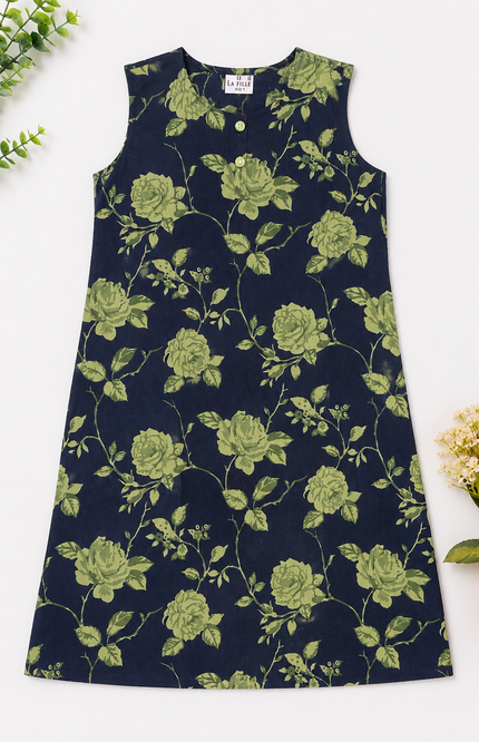 Navy Blue Floral Print Sleeveless Kurti
