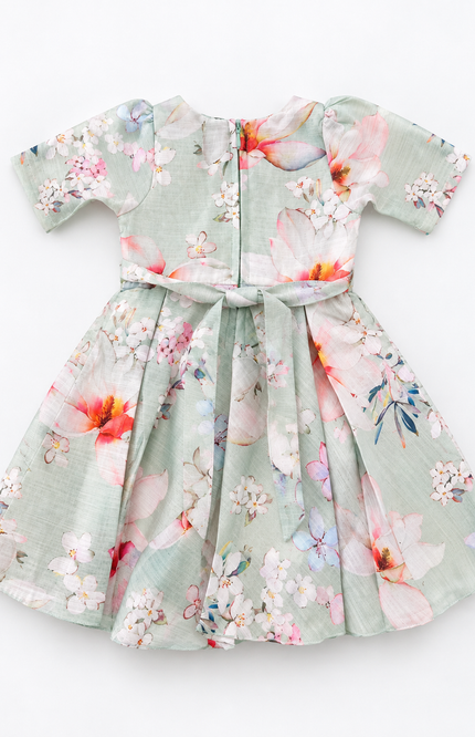 Girls’ Mint Green Floral Printed Dress with Waist Belt