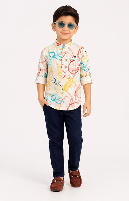 Boys' Colorful Abstract Print Popover Shirt and Navy Denim Set
