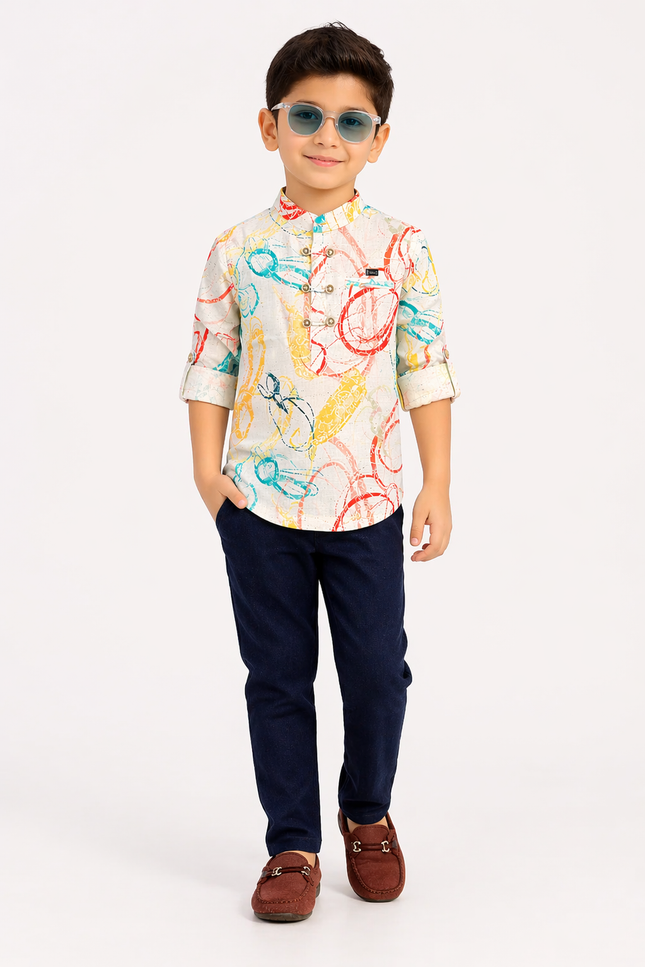 Boys' Colorful Abstract Print Popover Shirt and Navy Denim Set