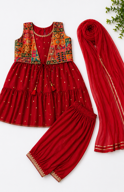 Girls Festive Kurti Dhoti Set with Dupatta