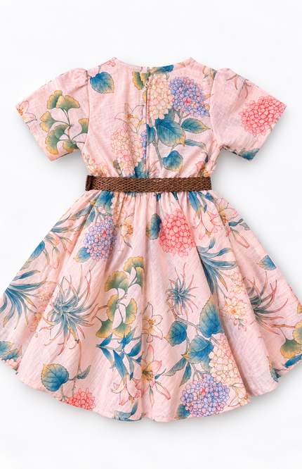 Girls’ Peach Floral Printed Fit & Flare Dress with Woven Belt
