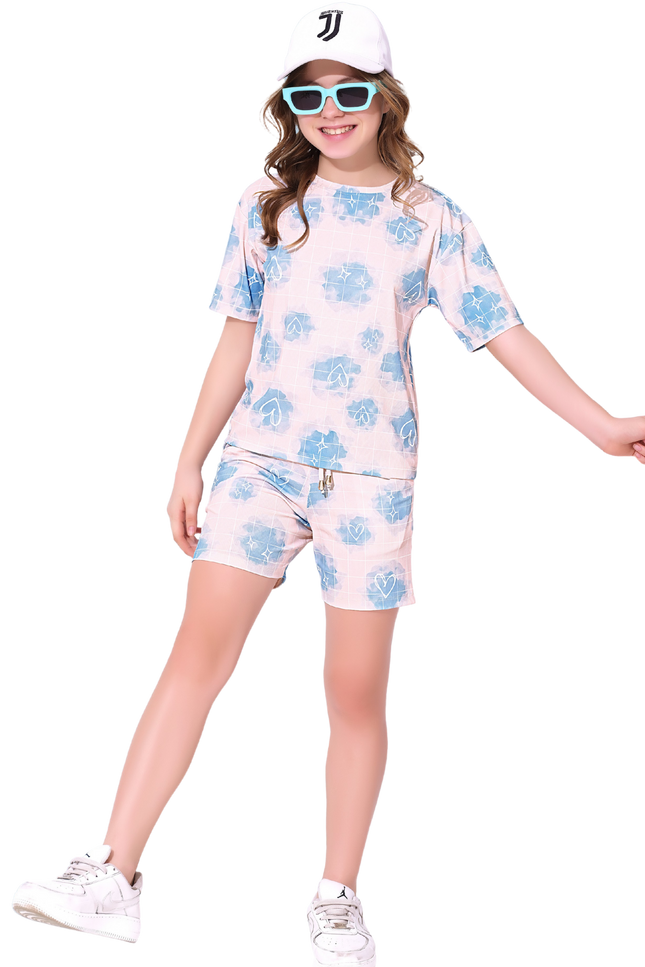Girls Pastel Cotton T-Shirt & Shorts Co-Ord Set with Heart Print (Ages 10–16)