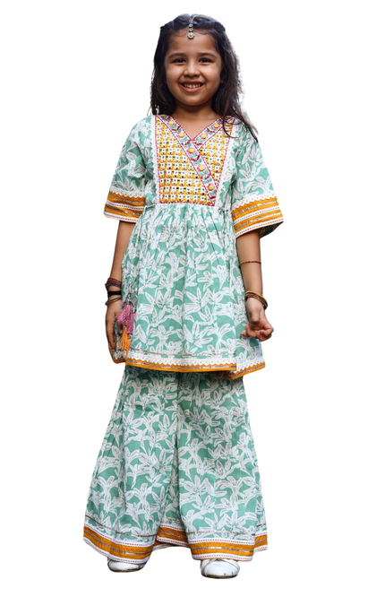 Mint Green Printed Kurti with Sharara – Premium Cotton
