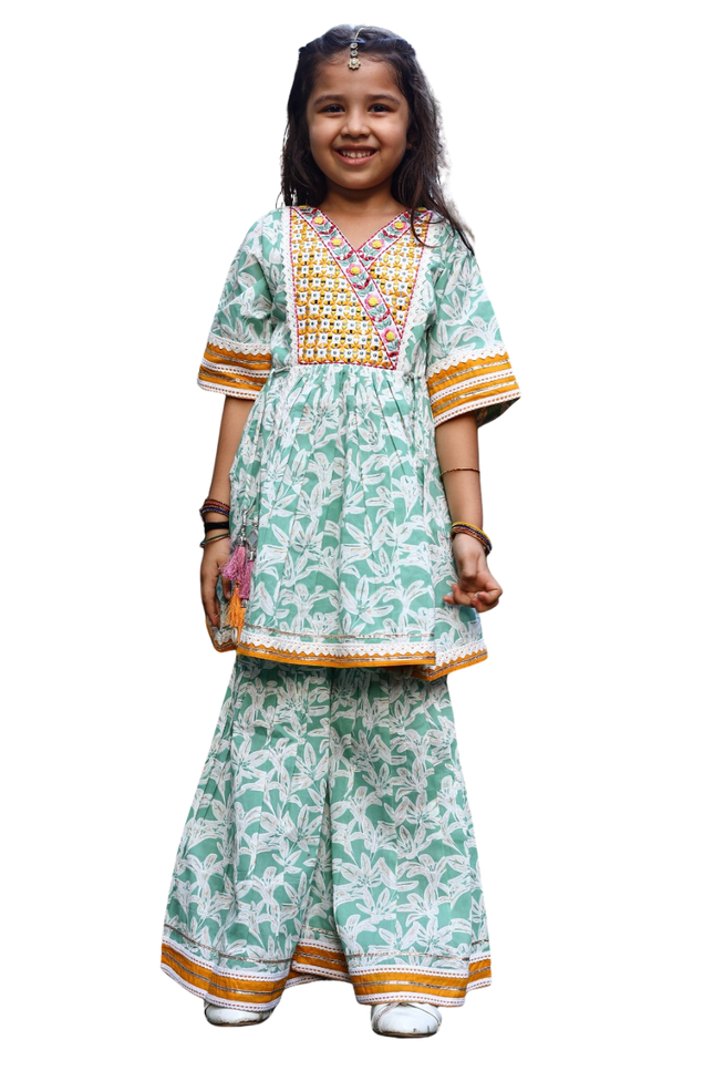 Mint Green Printed Kurti with Sharara – Premium Cotton