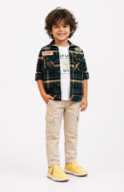 Boys' Navy & Green Plaid Shirt and Khaki Cargo Pant Set – 3-Piece Utility Outfit