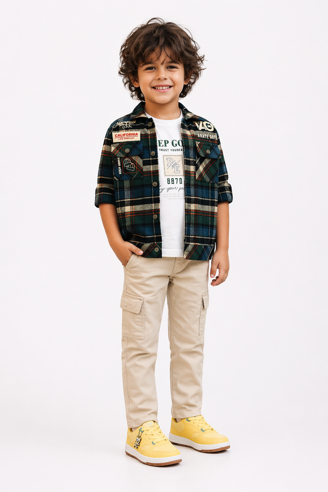 Boys' Navy & Green Plaid Shirt and Khaki Cargo Pant Set – 3-Piece Utility Outfit