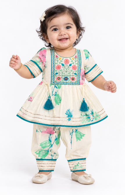 Floral Printed Cream Kurta & Dhoti Set for Baby Girls