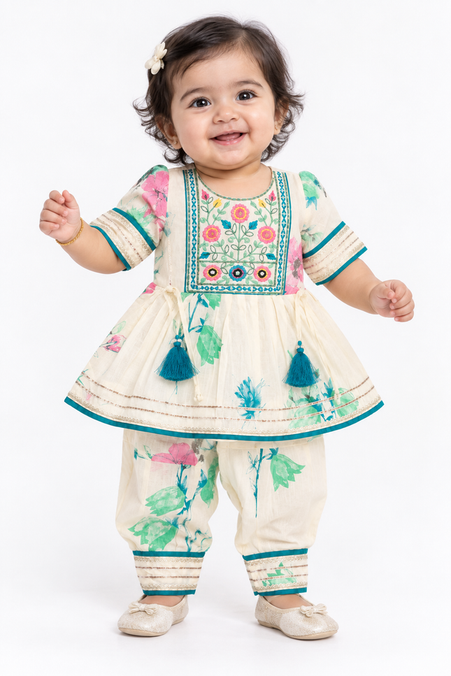 Floral Printed Cream Kurta & Dhoti Set for Baby Girls