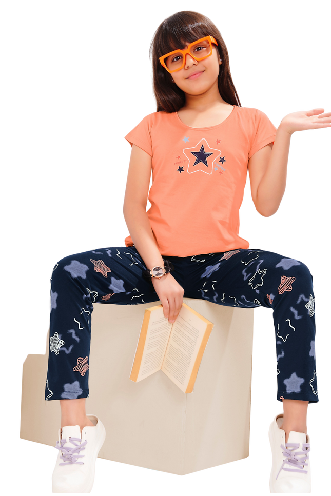 Girls Peach Cotton T-Shirt & Navy Star Print Pants Co-Ord Set (Ages 8–16)