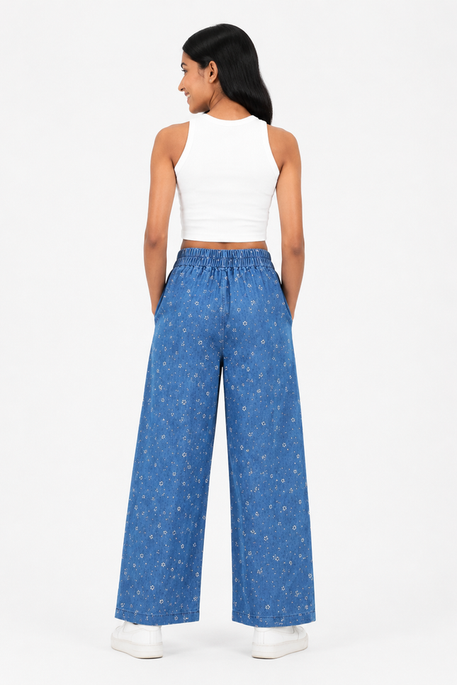 Blue Floral Print Wide-Leg GIRLS Jeans