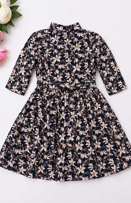 Girls Floral Print Full Sleeve Fit & Flare Dress