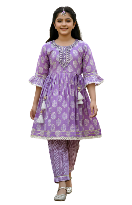Purple Printed Kurta with Salwar – Festive Ethnic Set