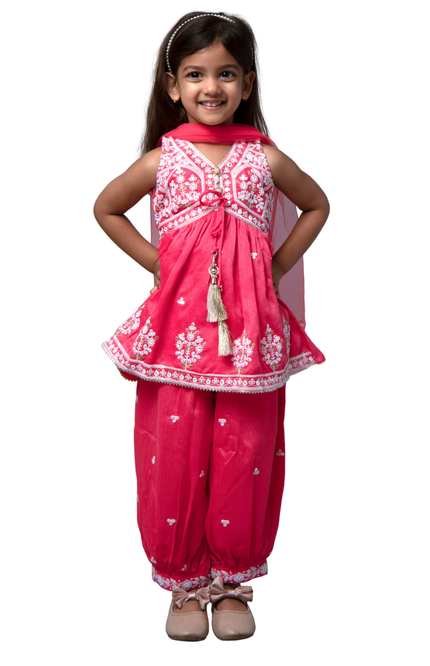 Festive Pink Peplum Kurti and Patiala Salwar Set for Girls