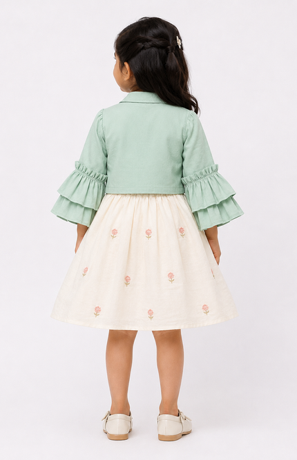 Green Bell Sleeve Jacket with Embroidered Flared Dress