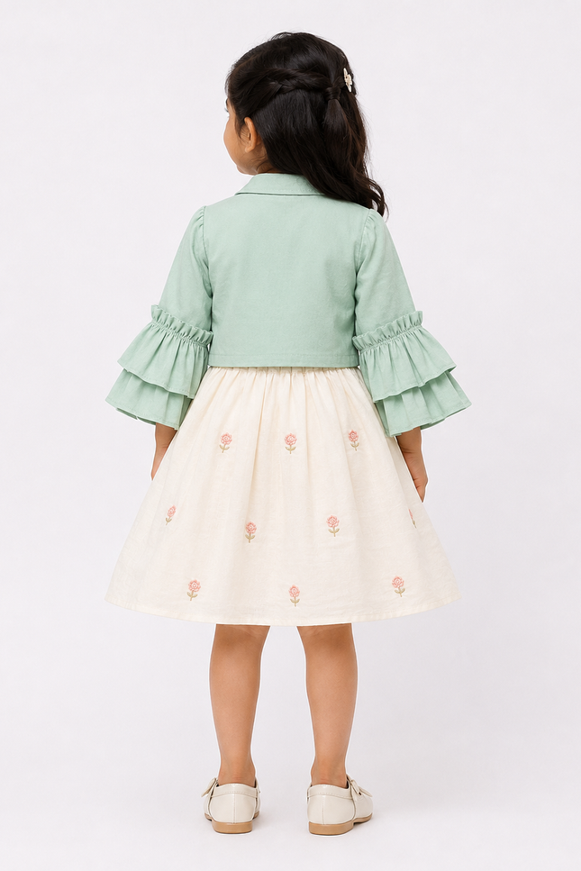 Green Bell Sleeve Jacket with Embroidered Flared Dress