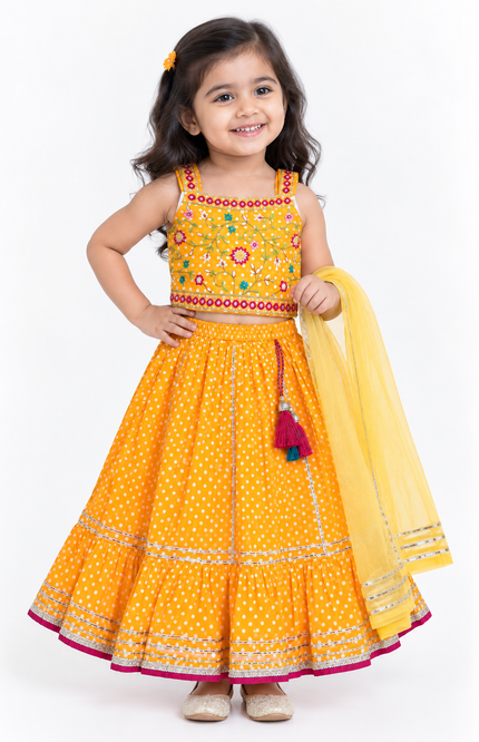 Girls Yellow Polka Dot Printed Lehenga Choli Set with Dupatta