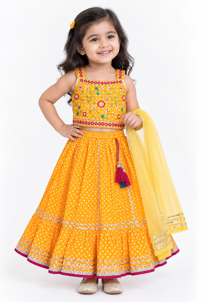Girls Yellow Polka Dot Printed Lehenga Choli Set with Dupatta
