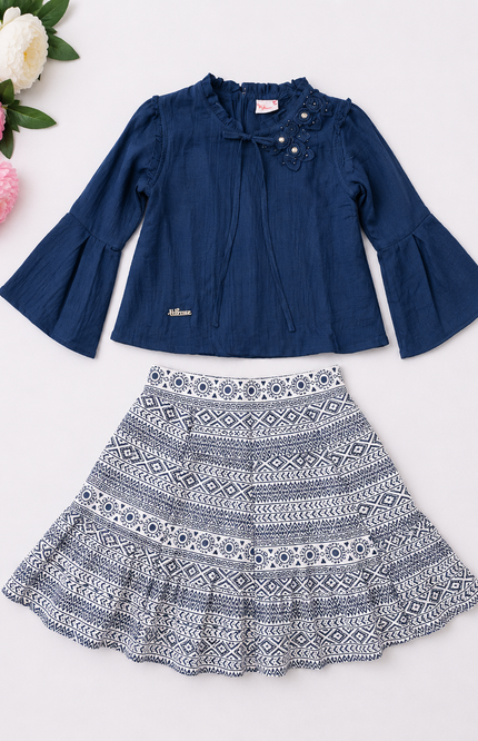 Navy Blue Top & Printed Flared Skirt Set for Girls