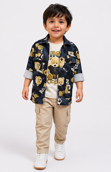 Boys Teddy Print Shirt Set – 3 Piece Casual Co-ord
