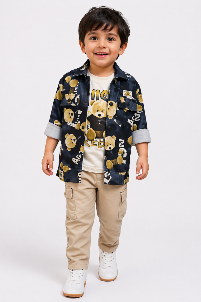 Boys Teddy Print Shirt Set – 3 Piece Casual Co-ord