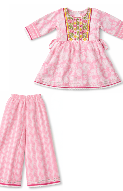 Nina Richi Girls Pink Floral Cotton Kurta & Palazzo Set