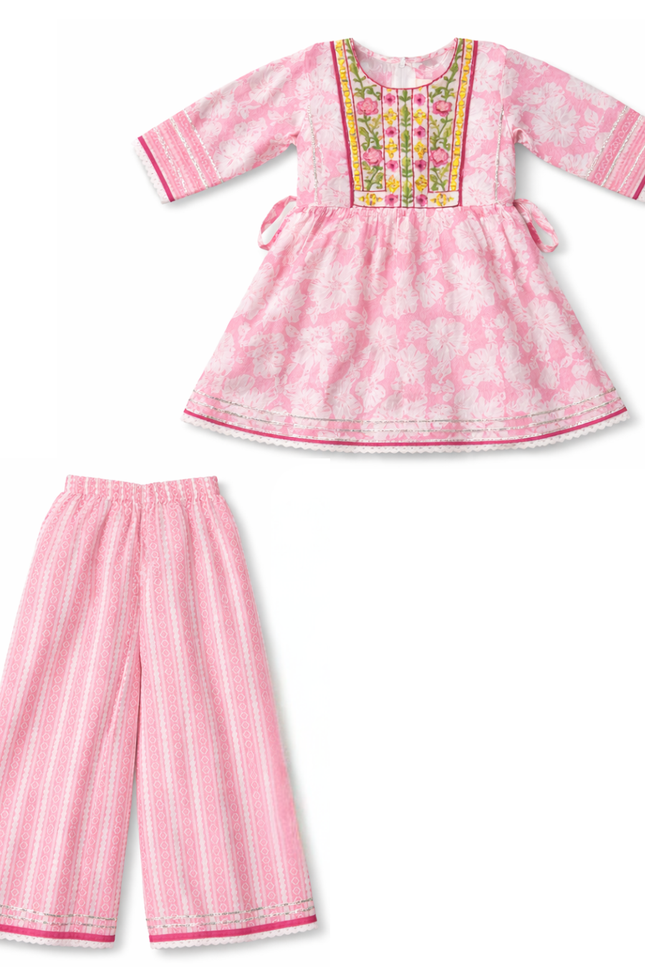 Nina Richi Girls Pink Floral Cotton Kurta & Palazzo Set