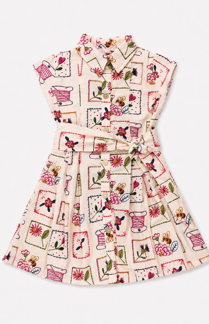 Vintage Floral Patchwork Collared Dress with Belt