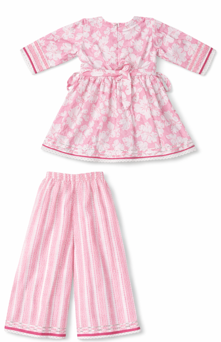 Nina Richi Girls Pink Floral Cotton Kurta & Palazzo Set
