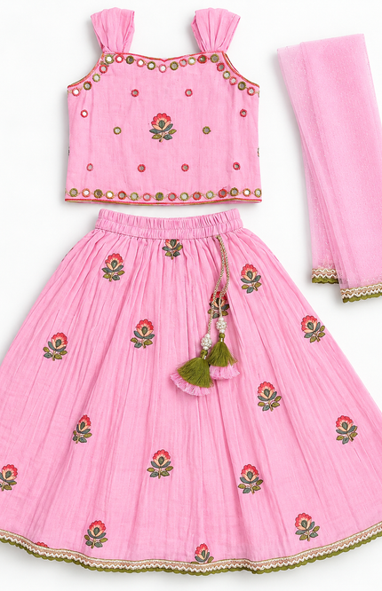 Girls Pink Floral Lehenga Choli Set with Dupatta