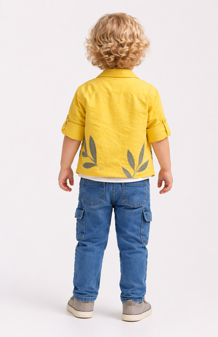 Boys' Sunshine Yellow Leaf Print Shirt and Cargo Denim Jeans Set