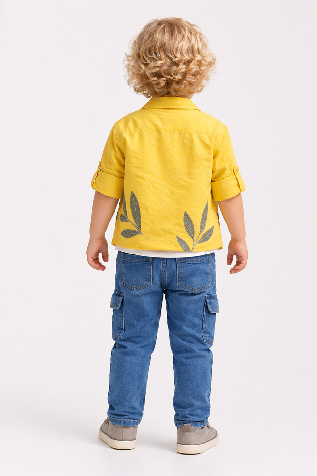 Boys' Sunshine Yellow Leaf Print Shirt and Cargo Denim Jeans Set