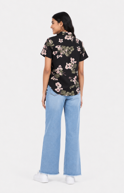 Black Floral Print Short-Sleeve Collared Girl Shirt