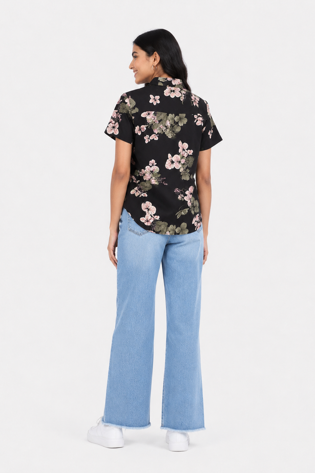 Black Floral Print Short-Sleeve Collared Girl Shirt