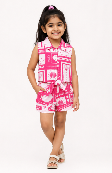 Pink Tropical Print Tie-Up Shirt & Shorts Co-Ord Set