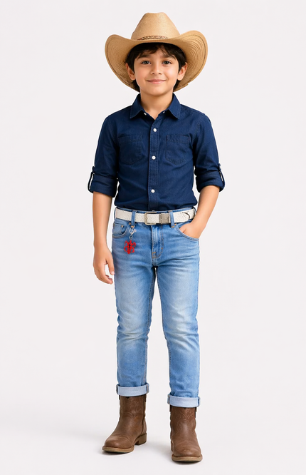 Boys' Light Blue Mid-Wash Jeans with White Belt and Spider-Man Keychain