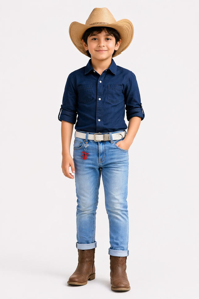 Boys' Light Blue Mid-Wash Jeans with White Belt and Spider-Man Keychain