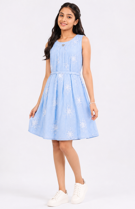 Girls Floral Embroidered Sleeveless A-Line Dress with Waist Belt