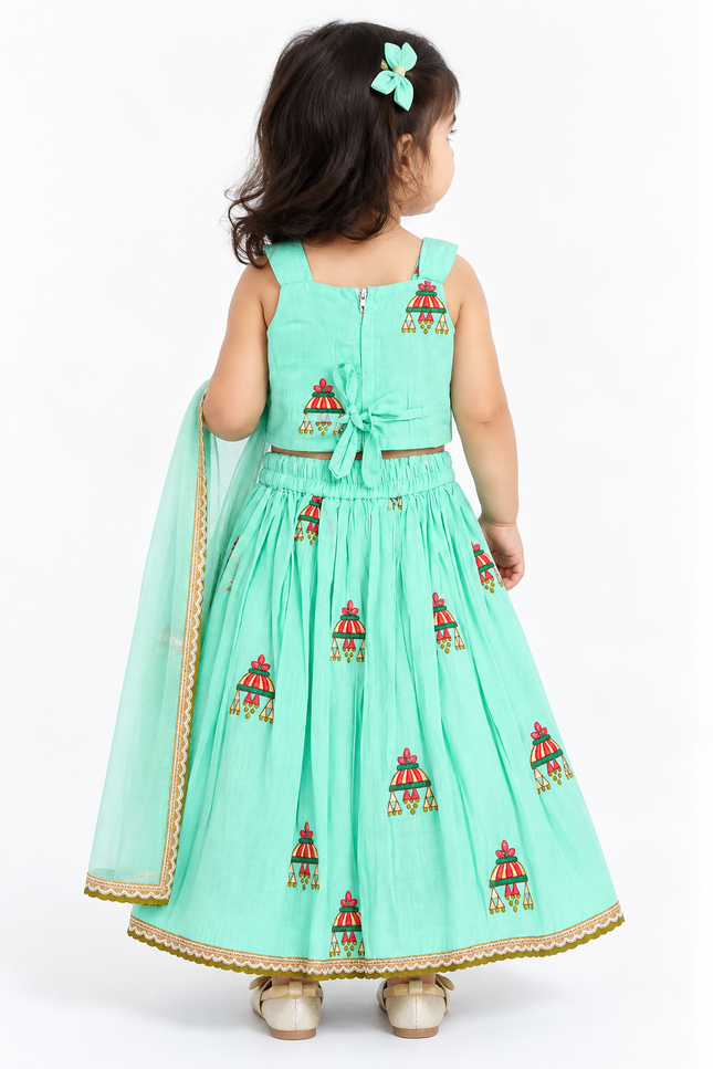 Mint Green Embroidered Lehenga Choli Set with Dupatta for Girls