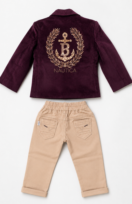 Boys Premium Velvet Blazer Set with Graphic Tee & Beige Pants