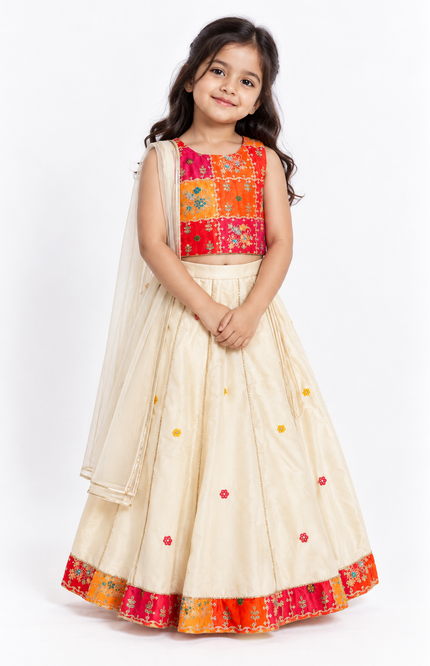Red & Cream Festive Embroidered Lehenga Set for Girls