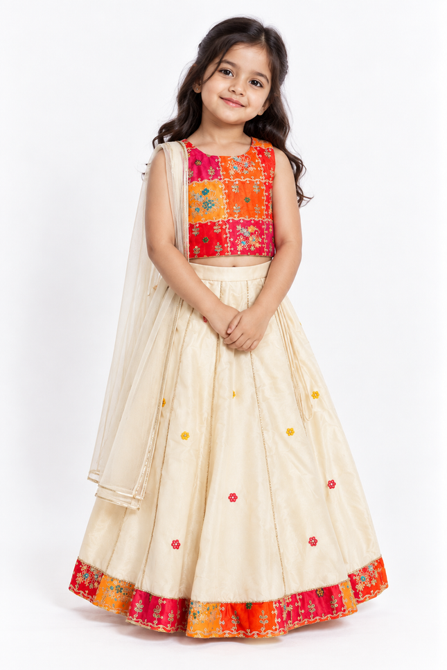 Red & Cream Festive Embroidered Lehenga Set for Girls