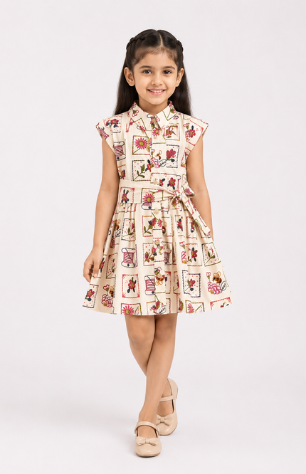 Vintage Floral Patchwork Collared Dress with Belt